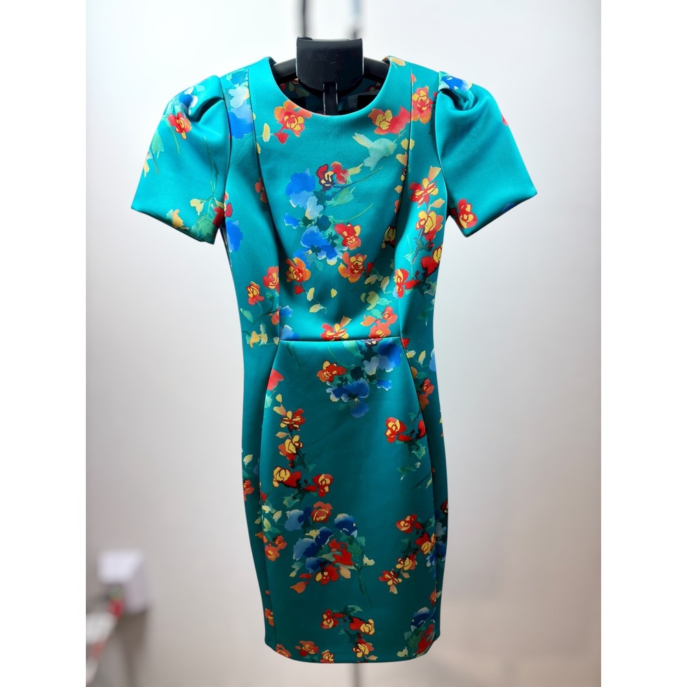 Calvin Klein Teal Floral Scuba Puff Sleeve Sheath Dress‎ Feminine Chic Office